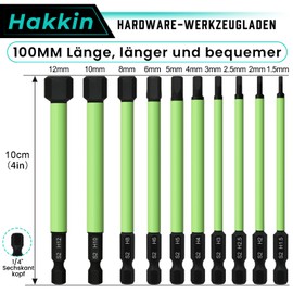 Hakkin Hex Screwdriver Bits Set Long 100 mm 1/4 Inch S2 Impact Wrench Bit Set for Cordless Screwdriver 1.5/2/2.5/3/4/5/6/8/10/12 Magnetic Hexagon Allen Key Pack of 10