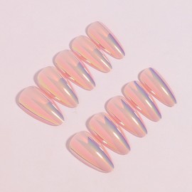 24Pcs Chrome Press on Nails Medium Almond Fake Nails Pink Aurora False Nails Glossy Quality Nail Tips Full Cover Glue on Nail Cute Acrylic Stick on Nails for Women Quick Manicure Kit