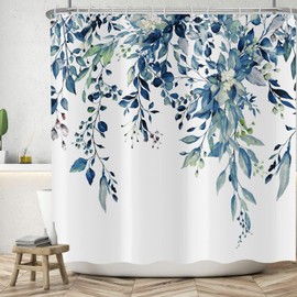 ASDCXZ Leaves Shower Curtain 180 x 200 cm, Spring Simplicity Hand Painted Blue Leaves White Bathroom Washable Shower Curtains Polyester Textile Waterproof Bath Curtain for Bath with 12 Hooks