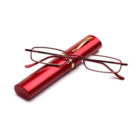 "Pocket" Readers Ultra Compact Spring Temple Reading Glasses w/Portable Pocket Clip Aluminum Case Red +3.00