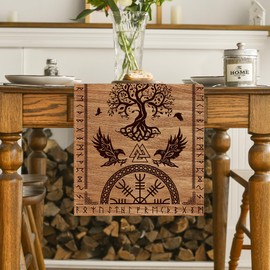 Artoid Mode Wood Viking Tree of Life Raven Helmet of Awe Table Runner, Seasonal Kitchen Dining Table Decoration for Home Party Decor 13x72 Inch