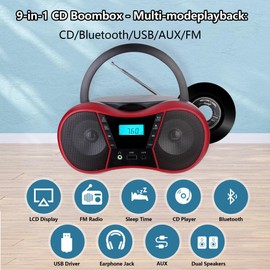 M-Amazup Boombox CD Player Portable, Portable CD Players for Home, Radio CD Player Stereo with AUX/USB/FM/Bluetooth, AC/Battery, Sleep Timer, Boom Box with Bluetooth Gift for Kids,Seniors,Home, Red