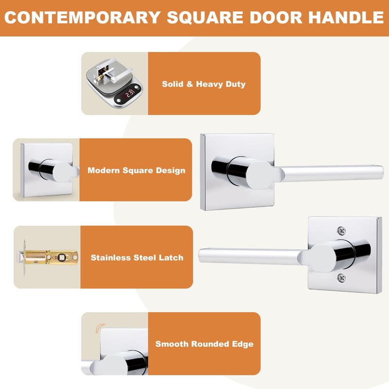 Probrico Square Polished Chrome Passage Door Handle Heavy Duty Keyless