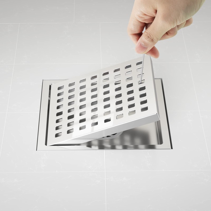 EXF 6 Inch Square Shower Drain Chrome, Stainless Steel Shower