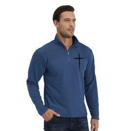 H HYFOL Men's Cross Graphic Pocket Pullover 1/4 Zip Stand Collar Long Sleeve Sweatshirts(Dark Blue,XL)