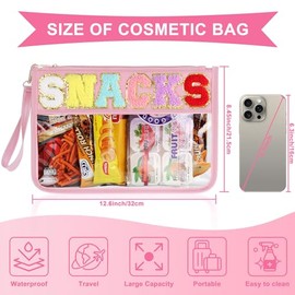 Bolsa de aperitivos para viajes, bolsa plana de chenilla transparente con cierre, 12.2 x 8.46 pulgadas, impermeable, transparente de PVC y poliuretano