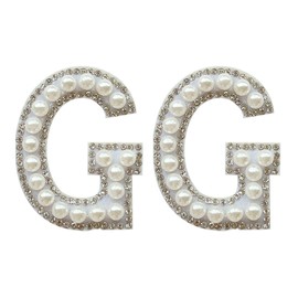 2PCS White Pearl Iron on Rhinestone & Sequin Sparkly Letter Patches for Backpacks & Clothing (G)
