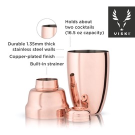 Viski Coctelera de cobre pesado, mezclador de bebidas de acero inoxidable, con colador de barra, coctelera profesional para Martini y Margarita, acabado de cobre pulido, 16 onzas