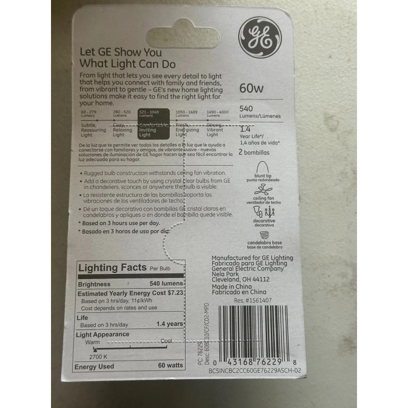 GE CANDLABRA LAMP 60 WATT CLEAR (4-2PACKS=8 LAMPS)