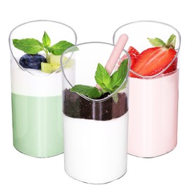 Eupako 3 oz 30 Pack Small Plastic Dessert Cups, Clear Plastic Tumbler Cups, Slanted Appetizer Cup, Great for Desserts, Puddings, Mousse, Jello Shots