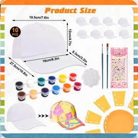 Tulov Pack of 10 DIY Children's Caps, White DIY Baseball Caps, Children's Caps with 12 Colours & Brushes & Palette & Colourful Stickers, Caps for Painting Children Suitable as a Gift for Children