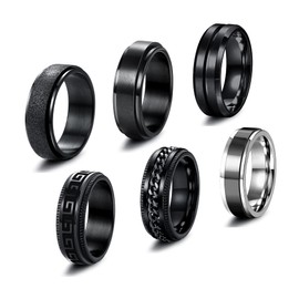JeweBella 6 Piece Stainless Steel Rings for Men Spinner Rings Set Vintage Wide Black Rings Rotating Chain Rings Vintage Spinner Ring Men Wedding Promise Band Rings Size 54-70, Stainless Steel