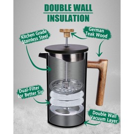 POLIVIAR French Press Coffee Maker, 34 Ounce Coffee Press with Teak Wood Handle, Double Wall Insulation & Dual-Filter Screen, Food Grade Stainless Steel for Good Coffee and Tea (Lava)