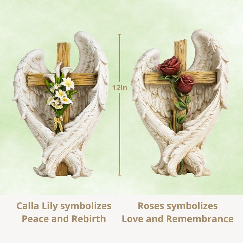 ShineOnAngel 12" Angel Wings Embracing Cross and Rose Garden Statue