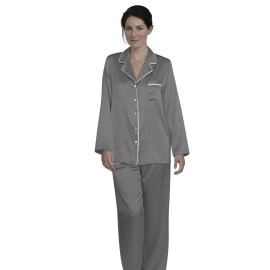 USA Designer Womens Silk Satin Pajamas - PJ Set  Grey White Pipping - '' 5 Day Delivery '' - XX-Small