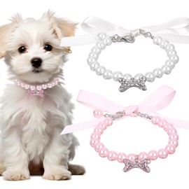 2Pcs Dog Cat Pearl Collar Necklace with Rhinestone Bone, Adjustable Fancy Wedding Party Collar Jewelry for Girl Cat Pet Puppy Dogs Accessories Bling(S, Pink, White)