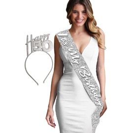 RhinestoneSash 50th Birthday Sash Gift Set - SET OF 2: Silver Happy 50 Headband & It's My Birthday Silver Sparkle Sash - Set(Hap50 ItMBdy) SLV