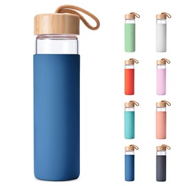 Yomious Borosilicate Glass Water Bottle with Bamboo Lid and Silicone Sleeve - 20 oz -BPA Freeâ Eco Friendly and Reusable â Leak Proof Design â Carry Strap Built Into Lid (Navy blue)