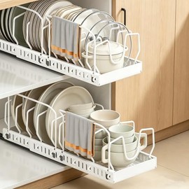 Pack of 2 Pots and Pans Organiser with Guardrail, Lid Organiser Kitchen with 8 Adjustable Dividers, Expandable Pan Organiser with Slide Rail, No Drilling, for Pots and Lids (White)