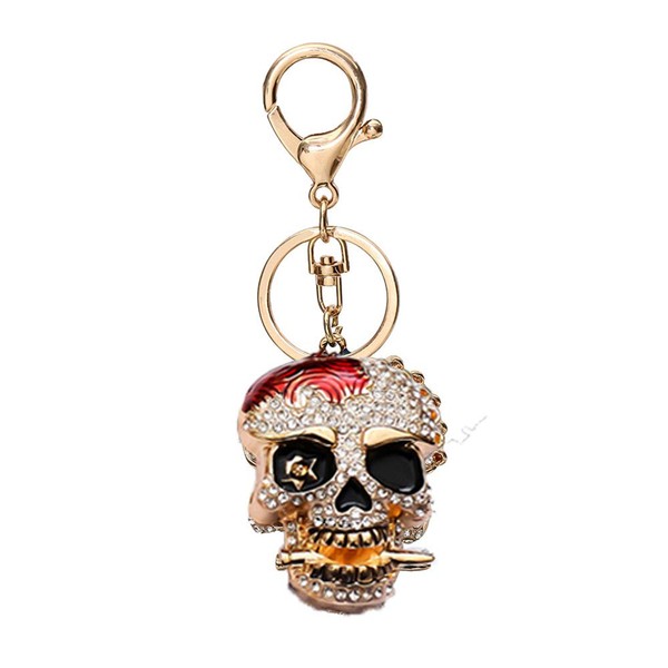 Skull Rhinestones Keychain,Gold Sparkling Skeleton Bone Keyring Pendant, Red, 2.4"H*1.8"W（6cm*4.5cm）