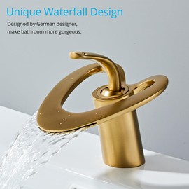 Wovier Brushed Gold Waterfall Bathroom Sink Faucet,Single Handle Single Hole Brass Lavatory Vanity Faucet,Basin Mixer Taps with Supply Hose and Pop Up Drain Assembly