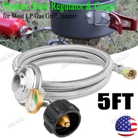 zecico 5 ft QCC1 Stainless Steel Braided Propane Adapter Hose with Regulator Gauge NEW