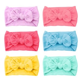 Luckious 6 PCS Baby Turban Headband Set - Soft, Cute, and Elastic Headwear Toddler Headdress with Bowknots for Newborns, Girls, Boys, and Kids (Purple, Pink, Red, Blue, Yellow, Green)