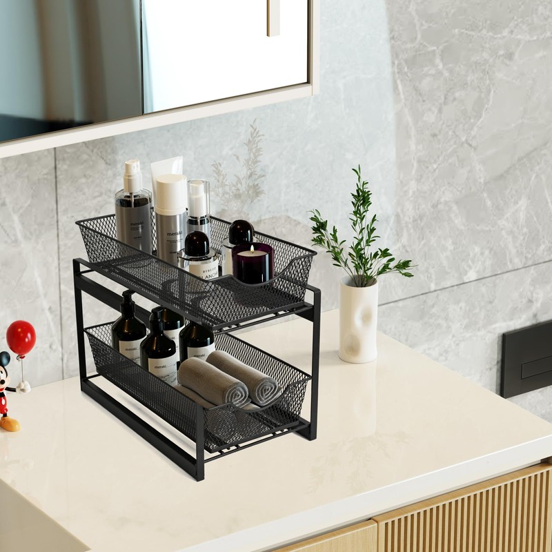 IBERG Under Sink Organizer, 2-Tier Mesh Metal Sliding Storage Basket,