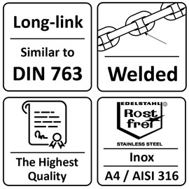 NAJDER Stainless Steel Chain 5 m, Stainless Steel Chains, Safety Chain, Hanging Chair, Barrier Chains, Max 320 kg, Long Link 3 mm x 5 m, DIN 763, Thickness 3 mm, Stainless Steel A4, Inox, AISI 316,