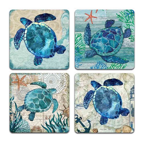 Hand Drawn Sea Turtle Square Coaster Set of Drink- Made