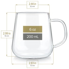 Teabloom Set of 2 Premium Borosilicate Glass Cups for Tea or Coffee - 6 Ounces / 180 ml - Stain-free and Microwave Safe