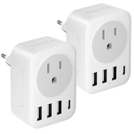 Paquete de 2 adaptadores de enchufe de viaje europeo, adaptador de enchufe de alimentación internacional RATEA con 3 USB tipo A, 1 cargador adaptador de enchufe tipo C para EE.UU. a la mayoría de Europa, UE, España, Italia, Francia, Alemania