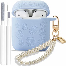 GARTOO Flower Engraved Case for Airpods 2nd Generation, Stylish Silicone Skin Protective Case with Luxury Pearl Keychain for Airpods 1st/2nd Gen Daisy