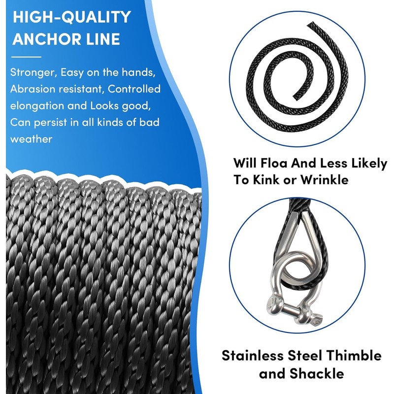 Premium Anchor Rope 150 ft x 3/8 inch, Solid Braid