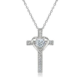 B. BRILLIANT Sterling Silver Cubic Zirconia Heart in Cross Necklace for Women