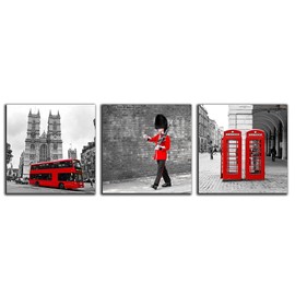 NAN Wind 3 Pcs Modern Giclee Canvas Prints London Black and White with Red Bus Union Jack British Guards Poster Telephone Booth Paintings on Canvas Stretched and Framed Ready to Hang for Home Decor