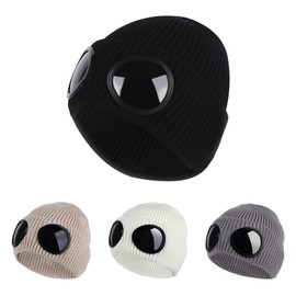 Fashionable Knit Hat for Men Women Warm Cap Autumn Winter Hat with Windproof Goggles Unisex Hat Knitted Cap Creative Hat Ear Protection Hat Winter Supplies for Outdoor (Black)