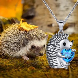 Flyow Hedgehog Jewellery Set 925 Sterling Silver Hedgehog Necklace and Stud Earrings for Women Girls Cute Animal Gifts, Sterling Silver, Cubic Zirconia