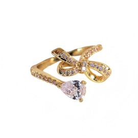 YIQPKUM 18K Gold Plated Bow Rings Adjustable Open Band Stainless Steel Heart Cubic Zirconia Jewellery Fashion Statement Gifts for Women (Gold Plated)