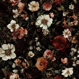 Livelynine Vintage Dark Floral Wallpaper Peel and Stick Dark Green White Black Burgundy Red Rose Flower Wallpaper Self Adhesive Moody Floral Contact Paper for Cabinets Drawers Christmas 17.5x78.8
