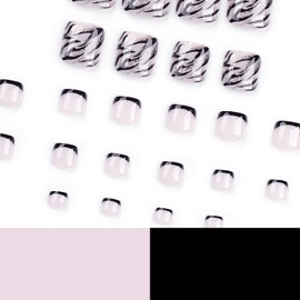 Tyuimhx Black French Tip Press on Toenails Square Fake Toe Nails With Black Gold Glitter Flame Designs Full Cover False Toenails Acrylic Stick on Nails Reusable Artificial Toe Nails for Women 24Pcs