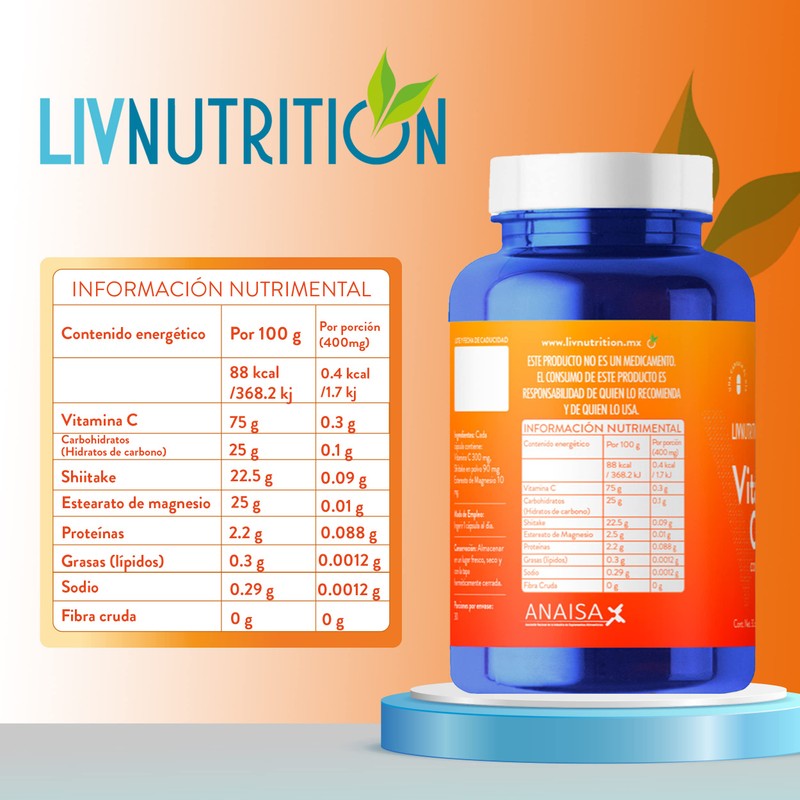 Vitamina C con Shiitake en polvo con 60 cápsulas de
