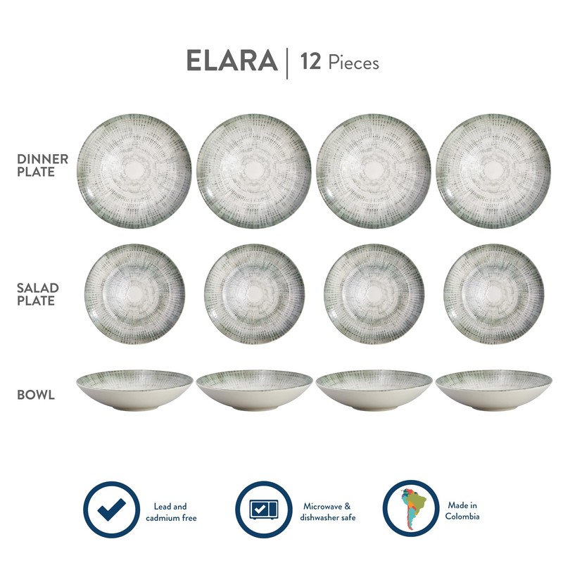 Corona 12-Piece Textured Modern Textured Finish Ceramic Dinnerware Sets, Plates