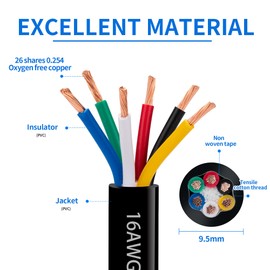 Lesnlok 16 Gauge Wire 6 Conductor 16 AWG Electrical Wire Stranded PVC Cord Oxygen-Free Copper Cable 50FT Pure Copper Automotive Wire Heavy Duty 6 Core Way Trailer Wire (16AWG-6C, 50FT), Black