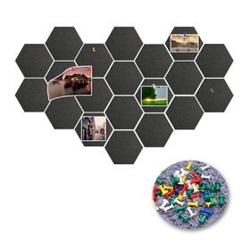 20 Pcs Pin Board Hexagon Felt Board Tiles Black Self-Adhesive Bulletin Board Memo Board Notice Board with 20 Pieces Push Pins, Decoration for Home Office Classroom Wall (Black)
