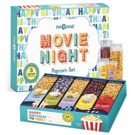 Birthday Gift Basket Movie Night Popcorn Birthday Box Food Gifts Birthday Care Package, 10 Piece Set, 5 Gourmet Popcorn Kernels and 5 Popcorn Seasoning Flavoring, Non-GMO Popcorn Gifts