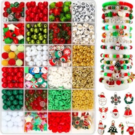 Kit para hacer pulseras navideñas de 1456 piezas, cuentas y dijes navideños para hacer joyas, cuentas de arcilla roja y verde, cuentas de perlas, cuentas de cristal redondas en forma de estrella