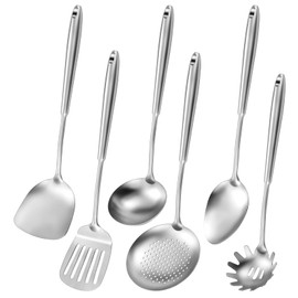 304 Stainless Steel Cooking Utensils,6 Pcs Kitchen Cooking Utensils Set with Spatula, Solid Spoon, Ladle, Skimmer, Spaghetti Spoon,Dishwasher Safe