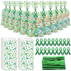 Gueevin 150 Set Mental Health Awareness Cellophane Gift Bags Green Ribbon Plastic Treat Bags Green Mental Health Awareness Month Goodie Candy Bag with Twist Ties Gift Cards Party Favors
