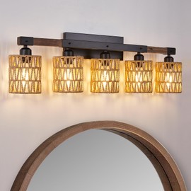 Bathroom Light Fixtures Vanity Lights Over Mirror, Rustic Farmhouse Rattan Wall Sconce 5 Lights Wood Ratten Shade Boho Wicker Woven Tropical Woven Bohemian Straw Wall Light